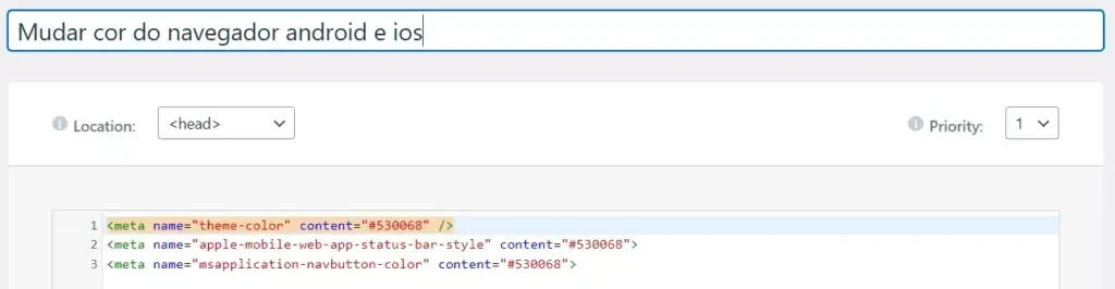 Exemplo de como inserir um código no custom code do elementor